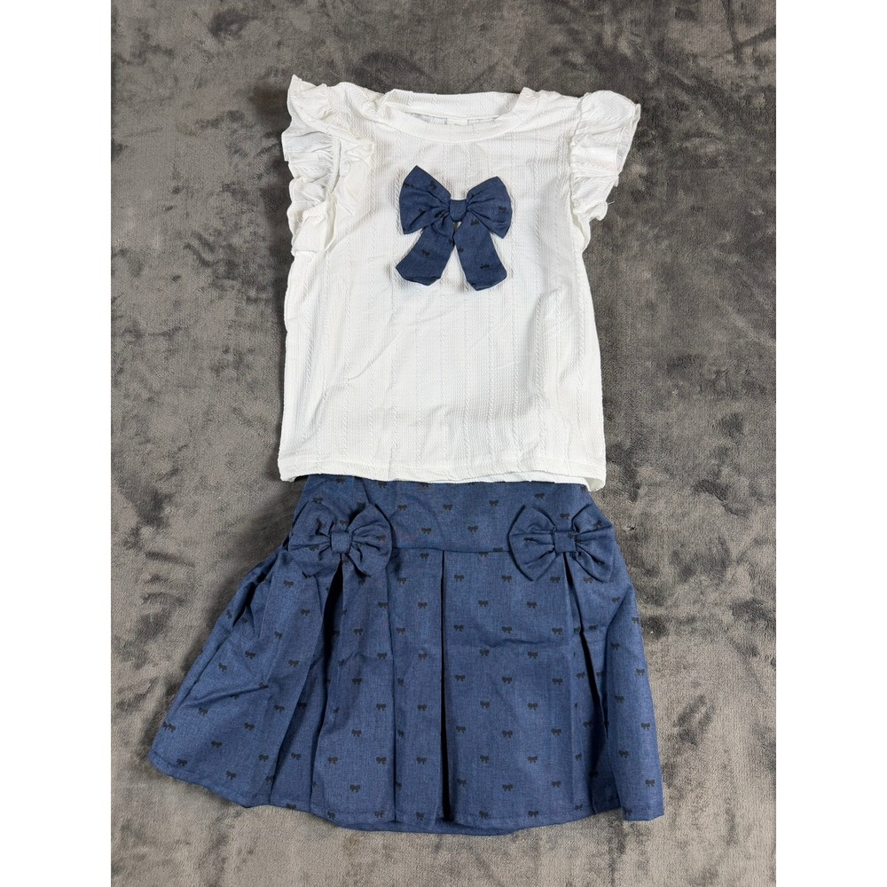 Young Girls 2-Piece Ruffle Top and Bow Print Skirt Set White Blue Size 7Y